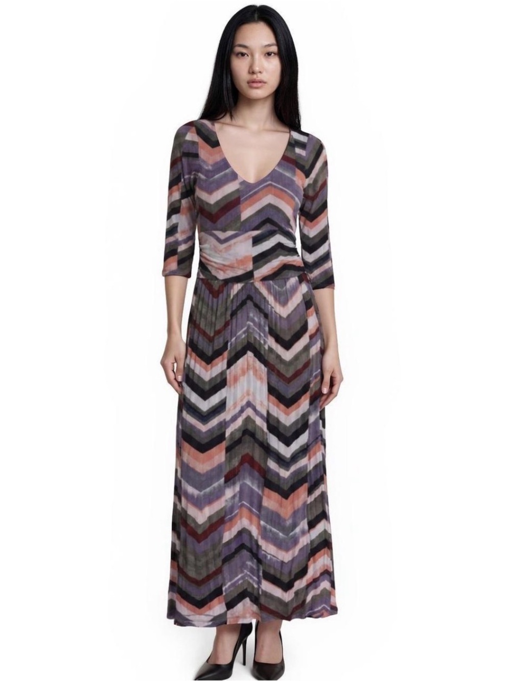 Maeve Chevron V-Neck Maxi Dress in Plum, Black, Blush